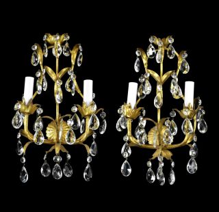 Pair Regency Florentine Sconces Gold Leaf Gilded Italian Crystal Restored Lights photo