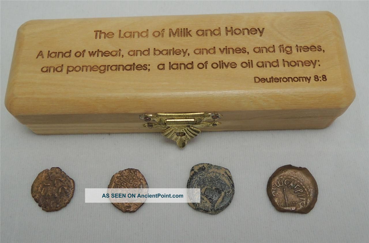 Holy Land 4 Authentic Bronze Prutah Ancient Jewish Coins 103bce - 62ce + Box + Coa Holy Land photo