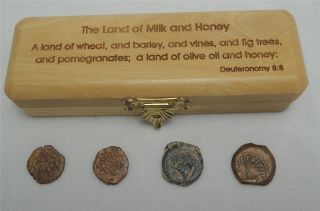 Holy Land 4 Authentic Bronze Prutah Ancient Jewish Coins 103bce - 62ce + Box + Coa photo