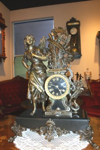 Stylish Antique French Statue Clock - Stamped Movement photo