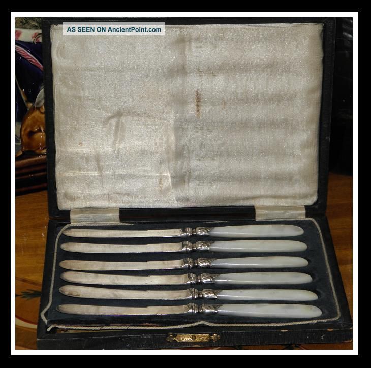 Set Of 6 Antique Sterling Silver & Mother Of Pearl Knives W Fancy Box United Kingdom photo