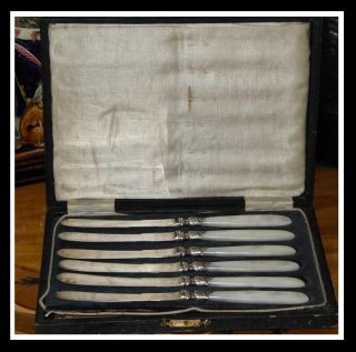 Set Of 6 Antique Sterling Silver & Mother Of Pearl Knives W Fancy Box photo