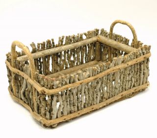Antique Folk Art Flower Basket Tray Box Tote Caddy Decor Linens Twigs & Branches photo