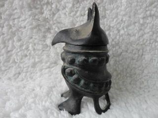 Chinese Bronze Pot Night Owl Head Lid Visual Old Antique photo