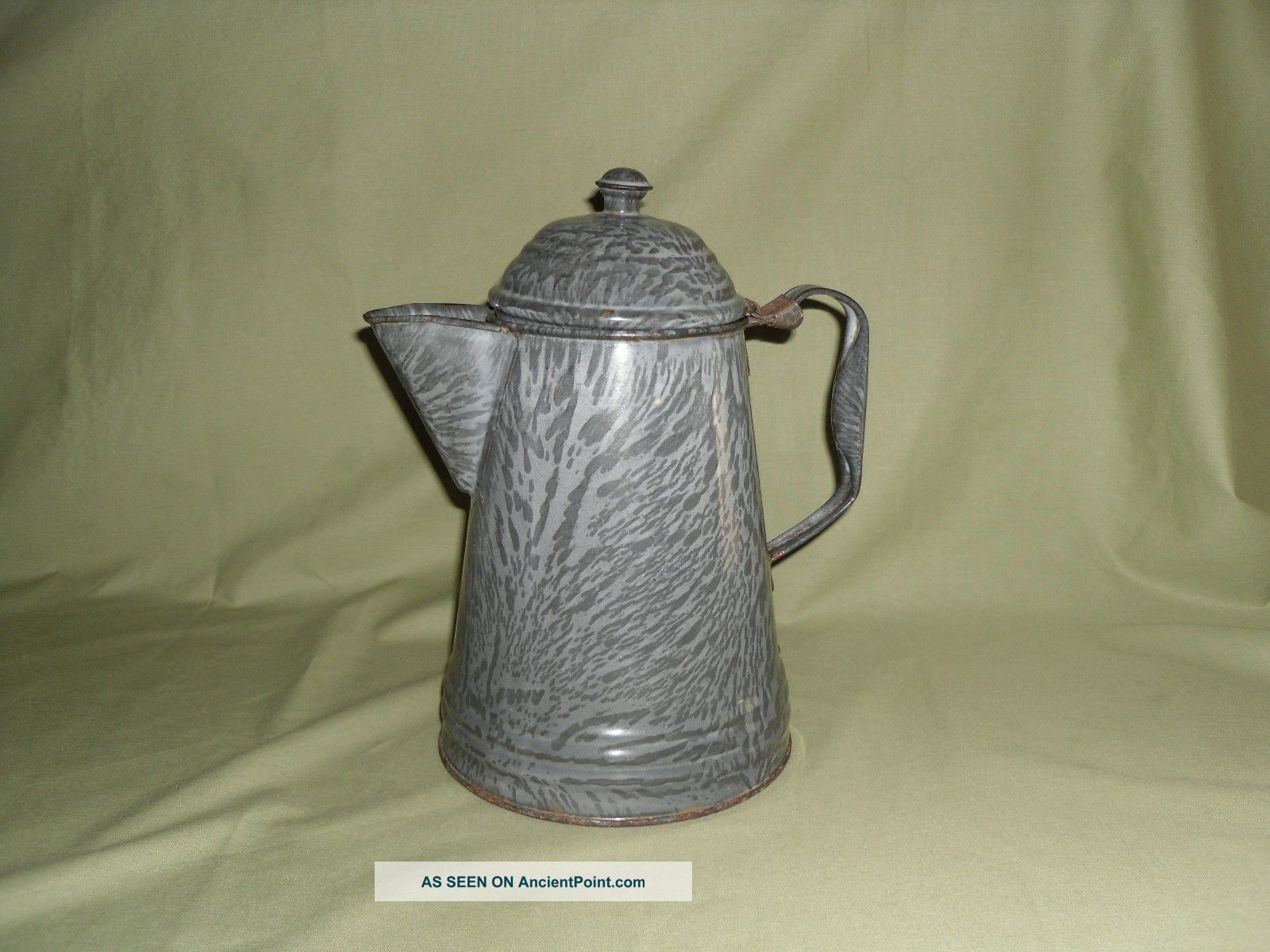 Antique Splatter Grey Graniteware Coffee Teapot Flip Top Lid Primitives photo