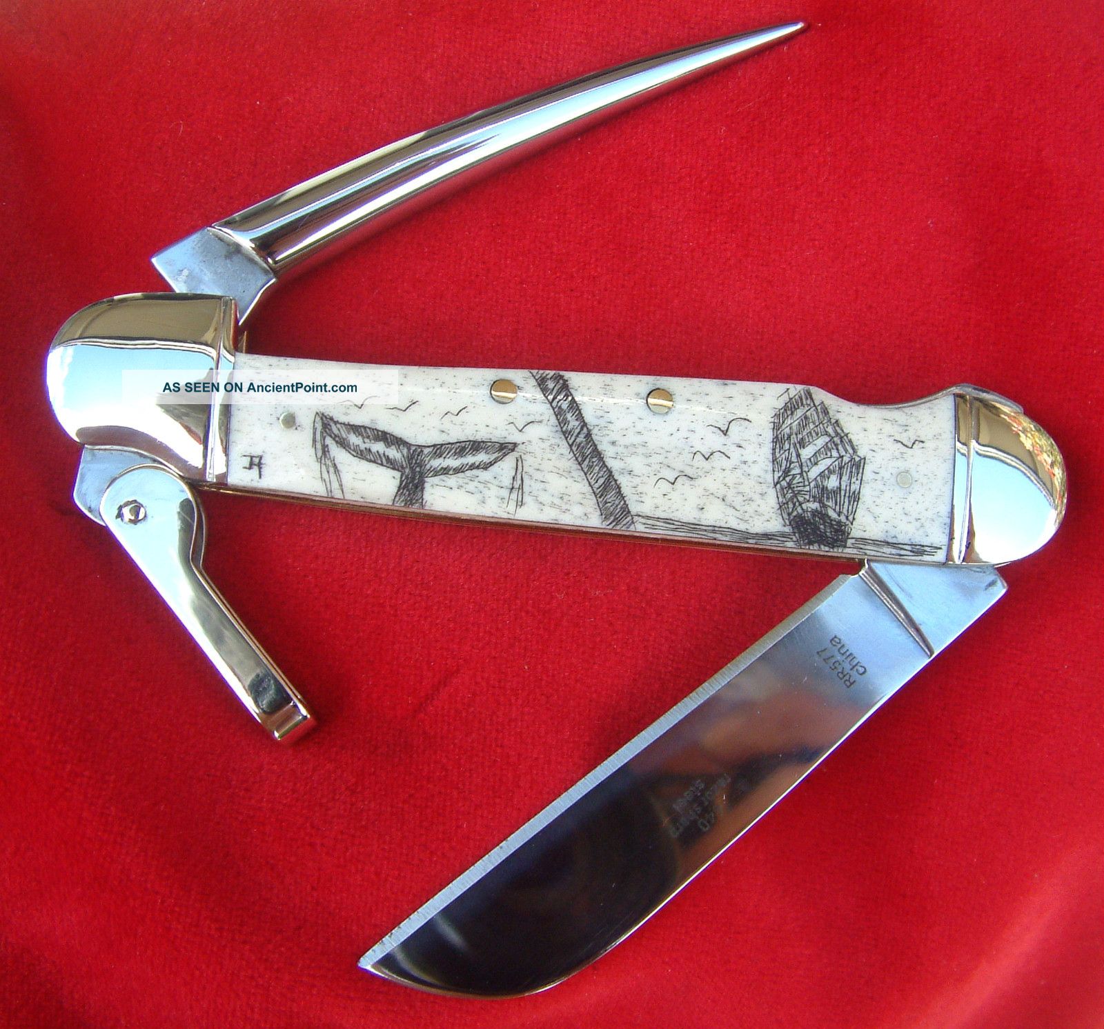 Scrimshaw Art,  Tall Ship,  Whale Tail,  Marlin Spike Folding Knife/knives Scrimshaws photo