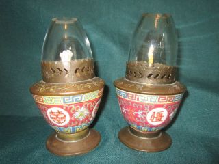 Pair Of Antique Porcelain Opium Lamps Oil Lovely Hand Made photo