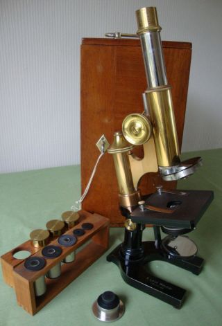 Really Good Complete Cased Leitz Microscope Outfit Circa 1900 - 10,  3 Leitz Lenses photo