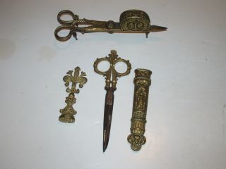 Antique Ornate Candlewick Shears & Scissors In Figural Case & Brass Wax Press photo