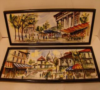 Vintage Mid Century Tile Wall Art Painting By Renee Paris Landscapes 40s 50s photo