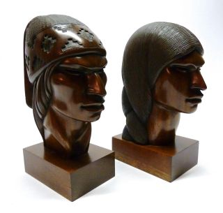 Pair A.  Franco Bolivian Carved Rosewood Native Portrait Busts - Art Deco photo
