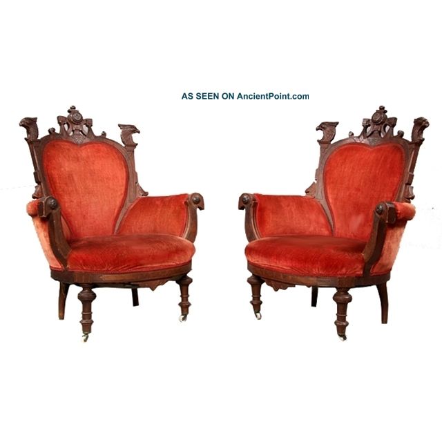 7144 Pair Of Antique 19th C.  Victorian Carved Walnut Eagle Arm Chairs 1900-1950 photo