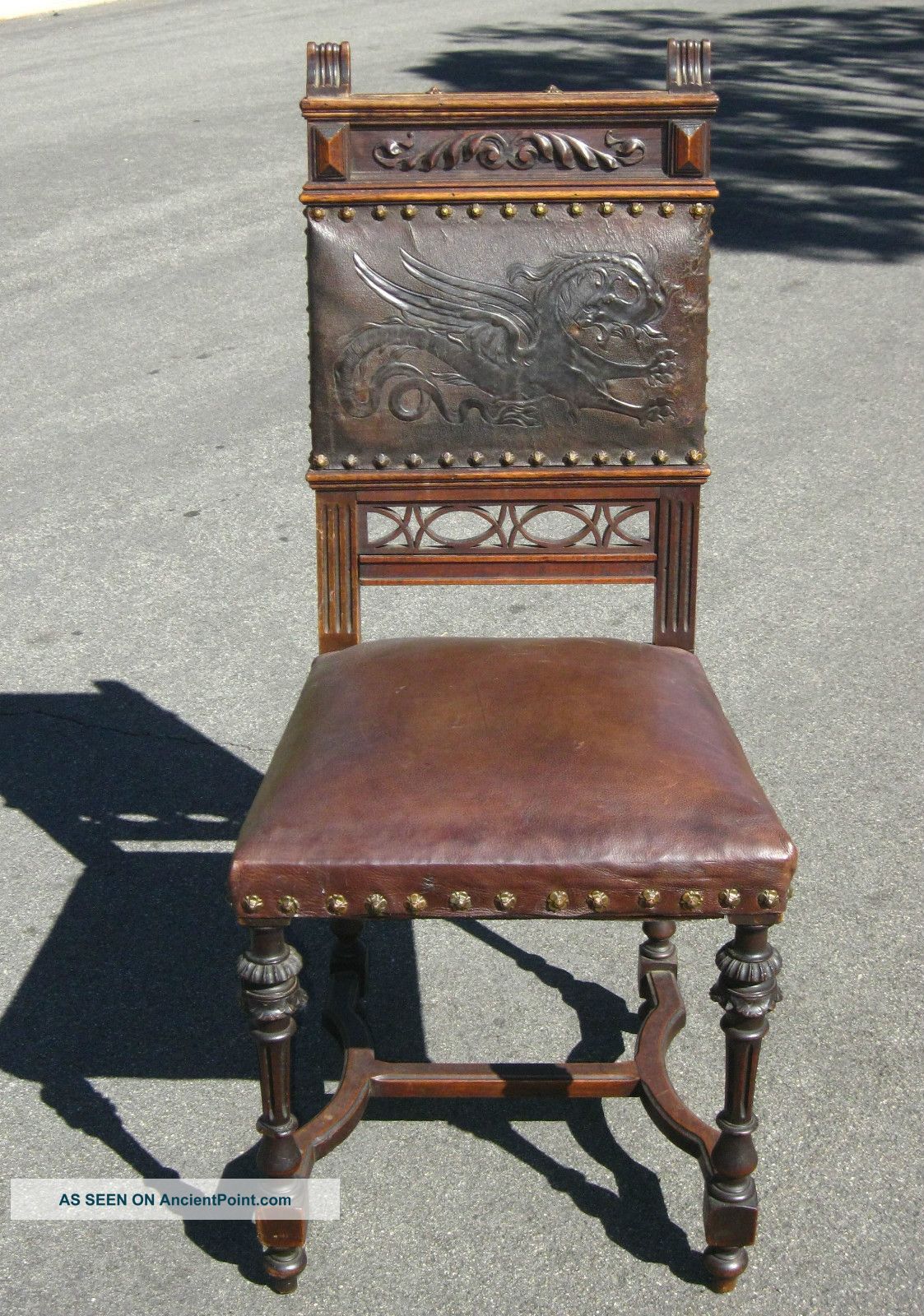 Antique Vintage Spanish Renaissance Dragon Embossed Leather Accent Chair 1900-1950 photo