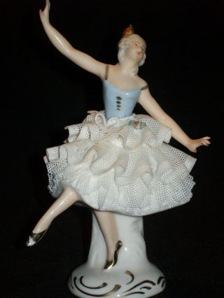 Antique German Porcelain Dresden Lace Ballerina Lady Dancer Figurine Figure photo