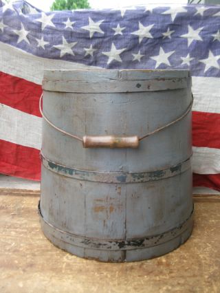 Early Antique Sugar Bucket Firkin Blue Gray Milk Paint Shaker Design photo