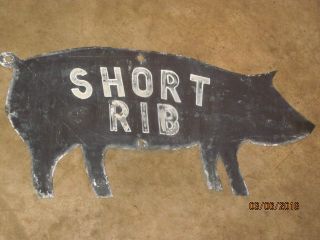 Vintage Butcher Shop Tin Pig Trade Sign Folk Art Meat Locker Short Rib Farm Barn photo
