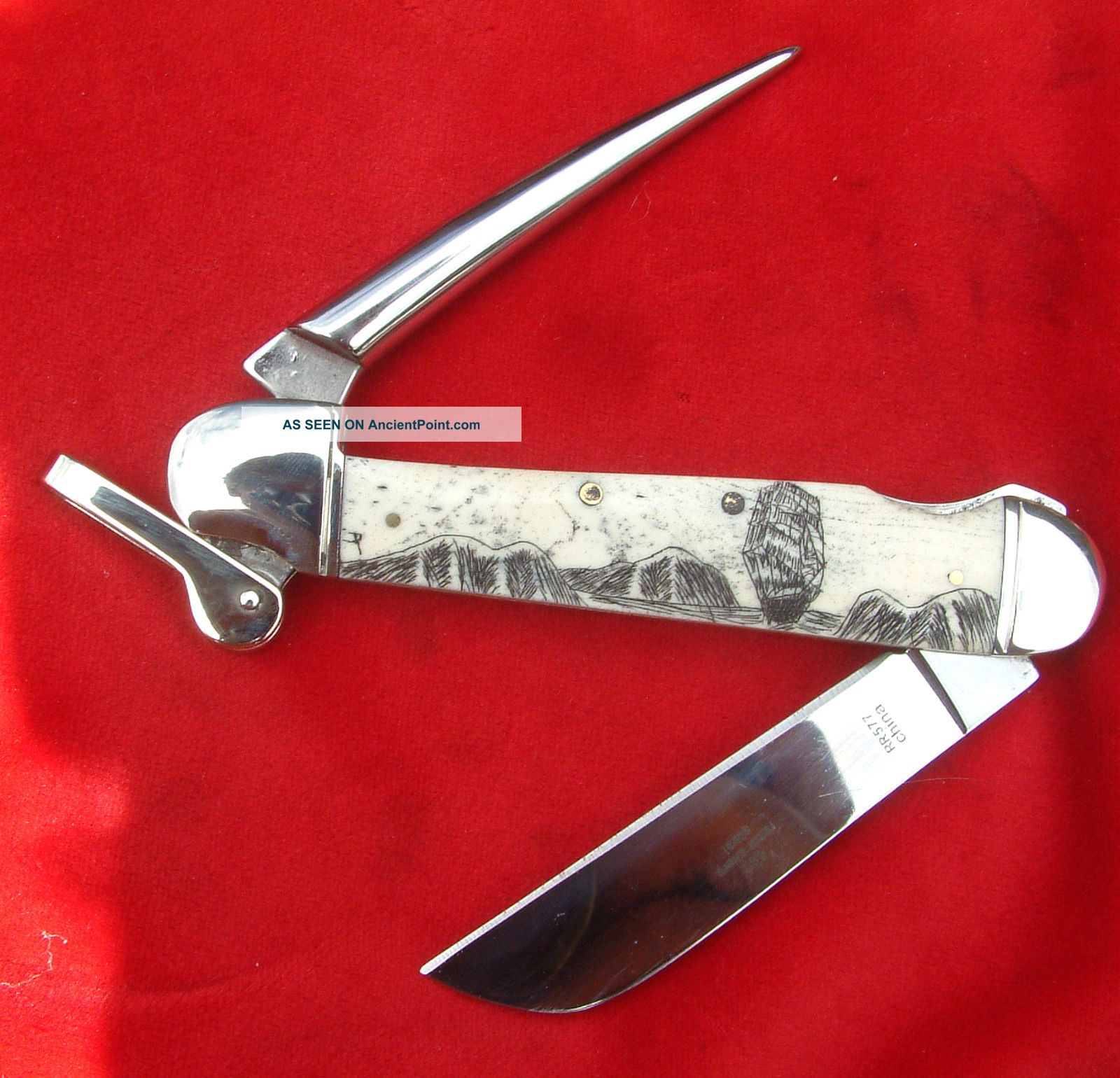 Authentic Scrimshaw Art,  Tall Ship,  Islands,  Marlin Spike Folding Knife/knives Scrimshaws photo