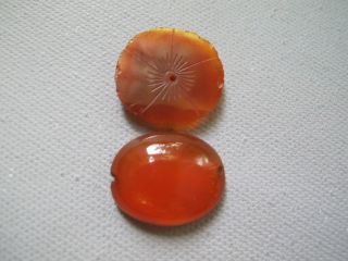 Set Of 2 Antique Chiinese Carnelian Buttons,  1 A Carved Flower,  1 A Cabochon photo