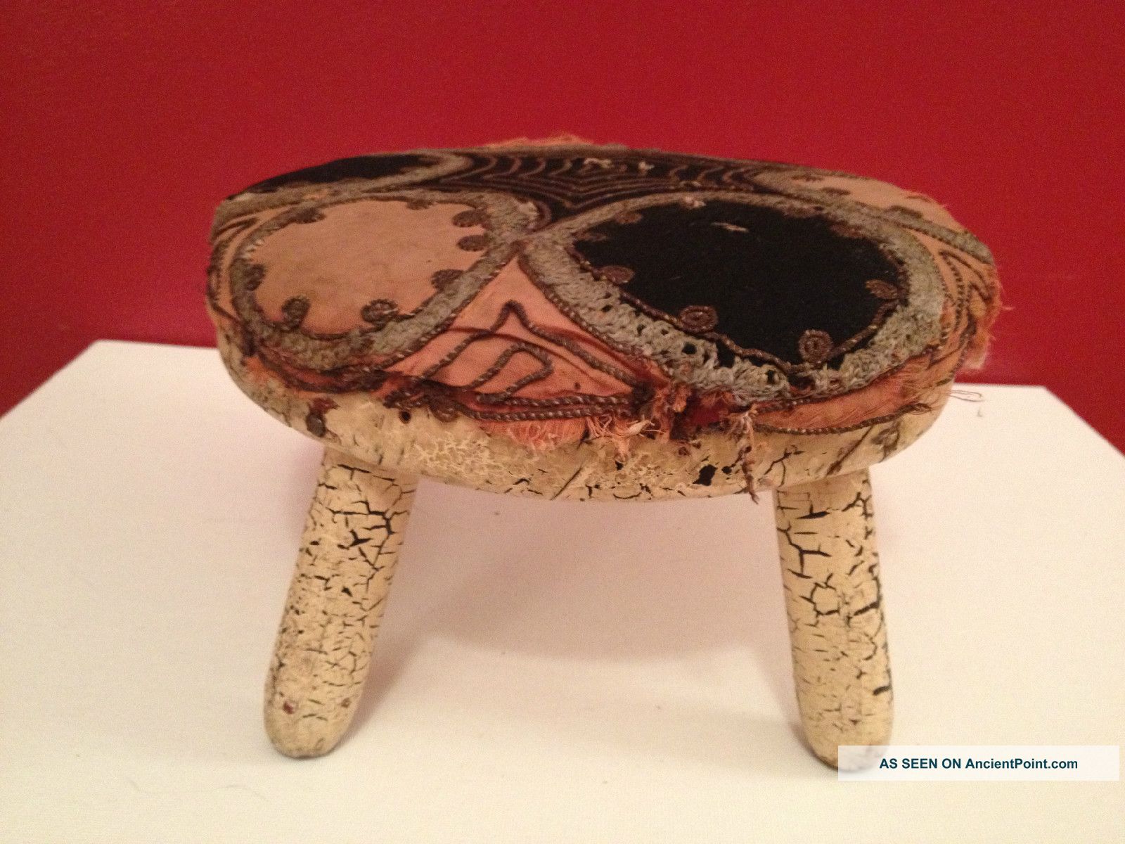 Unique Round Antique 4 - Legged Footstool Pink Silk/black Wool W/crackle Paint Primitives photo
