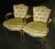 Pair Of Two Vintage French Provincial Silk Brocade Accent Arm Chairs Carved Legs Post-1950 photo 1
