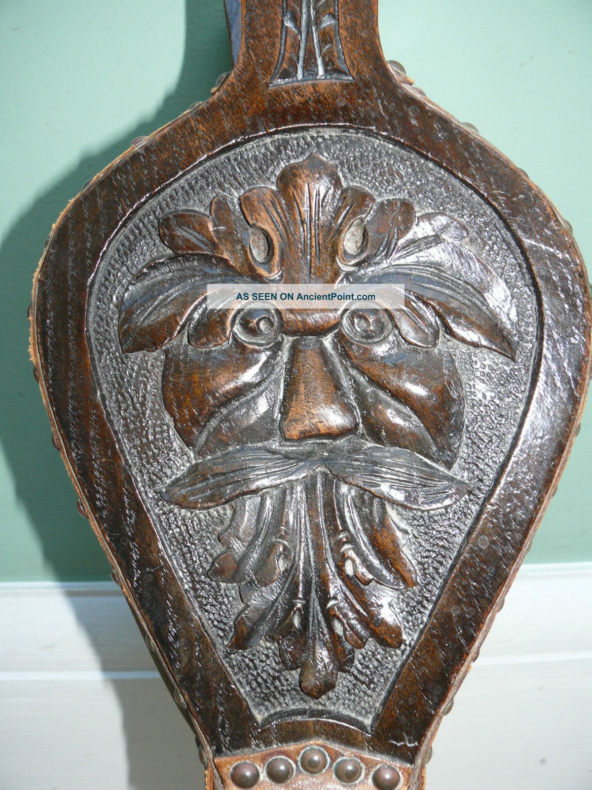 19thc Oak Hearthside Fire Bellows Carved With The Green Man Hearth Ware photo