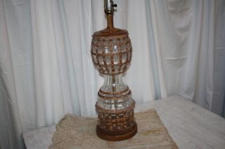 Mid Century Modern Lamp Glass Applied Reed Rattan Material Earth Tones photo