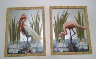 2 Vtg Oil Flamingo & Crane Painting Signed Mid Century Modern - Art Deco photo