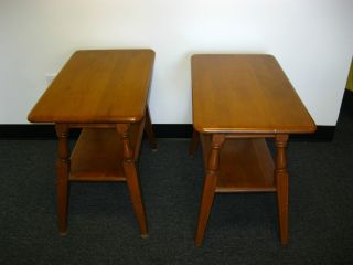 Pair Of Two Vintage Danish Modern Two Tier Solid Maple End Tables Night Stands photo