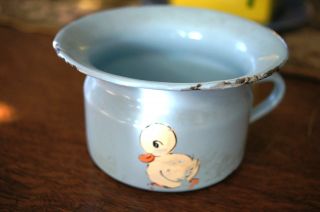 Miniature Enamelware Chamber Pot Light Blue Painted Duck Decoration - So Cute photo