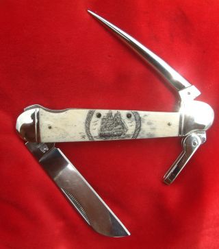 Scrimshaw Art,  Ship,  Ropes,  Sea Gulls Marlin Spike Folding Knife/knives photo