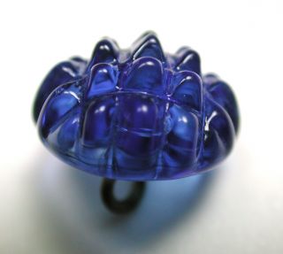 Antique Charmstring Glass Button Fancy Blue Candy Mold Swirl Back photo