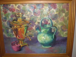 Vintage Oil Painting Of Still Life W/ Samovar / Pottery Signed Billings (listed) photo