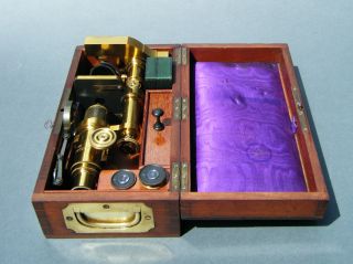 Cased Antique C.  1860’s Brass Microscope And Accessories By Hartnack Prazmowski photo