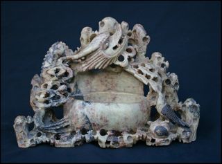 Vintage Chinese Carved Soapstone Brush Pot Dragon And Raven photo