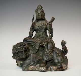 Antique Chinese Bronze Manjushri Statue Fine Buddha Tibet Bodhisattva photo