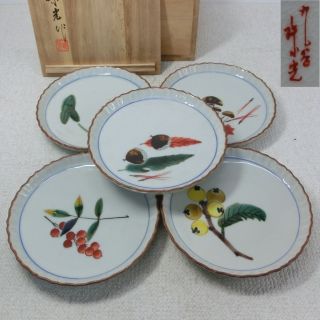 F422: Japanese Kutani Pottery Ware Five Plates Meimei - Zara By Juko Nakajima. photo