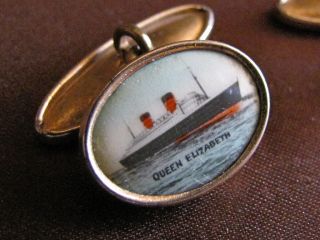 Maritime Vintage Rms Queen Elizabeth Gold Photgraphic Cuff Links photo
