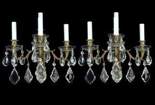 Pair Of Antique Sconces Brass Bronze Vintage Crystal Glass Regency Empire Period photo