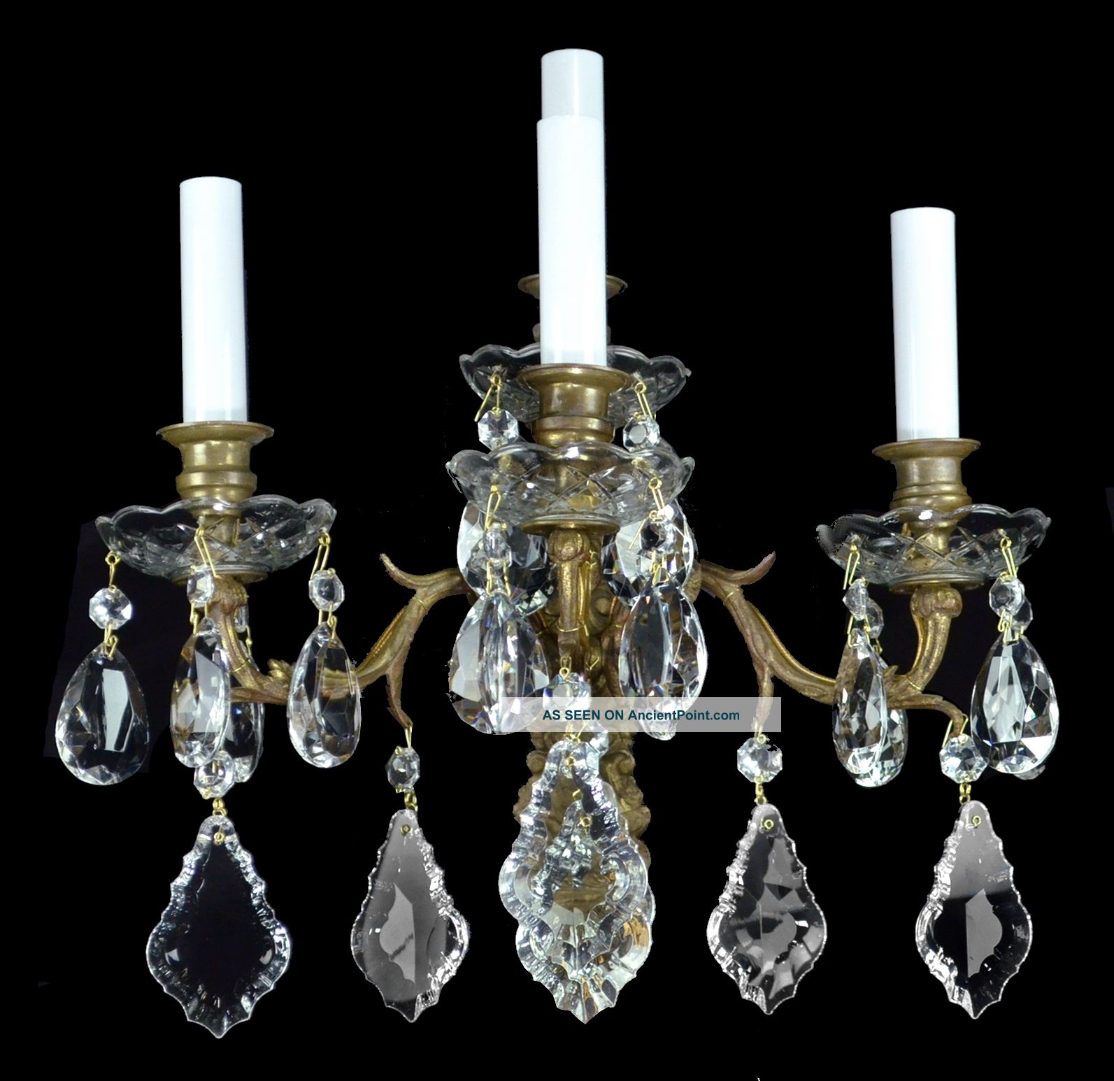 Pair Of Antique Sconces Brass Bronze Vintage Crystal Glass Regency title=
