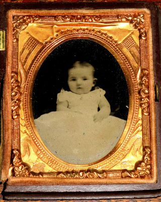 Tintype C1860s Infant Victorian Portrait Civil War Theme Copper Frame Case Baby photo