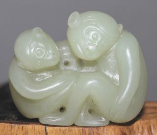 100% Natural Nephrite Hetian Jade Carved Big Monkey And Little Monkey Statue photo