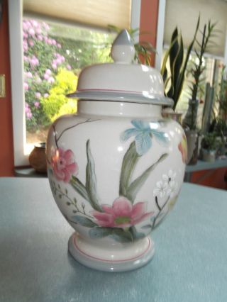 Hand Painted Asian Style Urn Vase And Lid With Floral Design photo