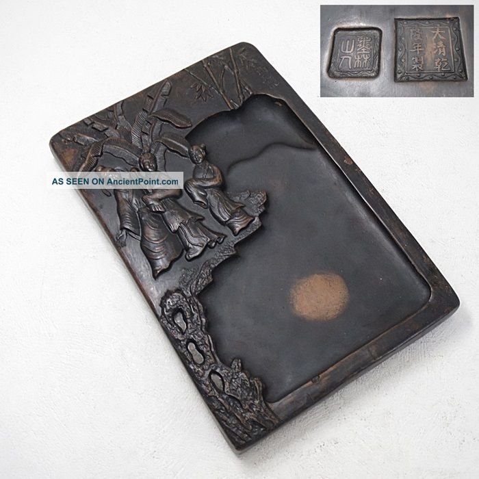 F673: Chinese Signed Ink Stone With Good Relief Work Of Landscape With Person Ink Stones photo