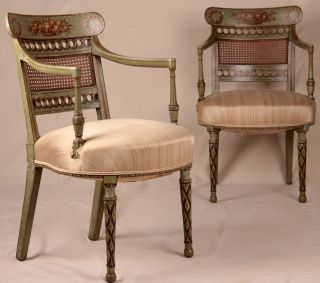 Pair Of Adams Style Painted Regency Neoclassical Antique 19th Century Arm Chairs photo