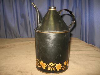 Antique Tole Oil Gas Can Painted Toleware Handle Unusual Sm Spout Brass Tip photo