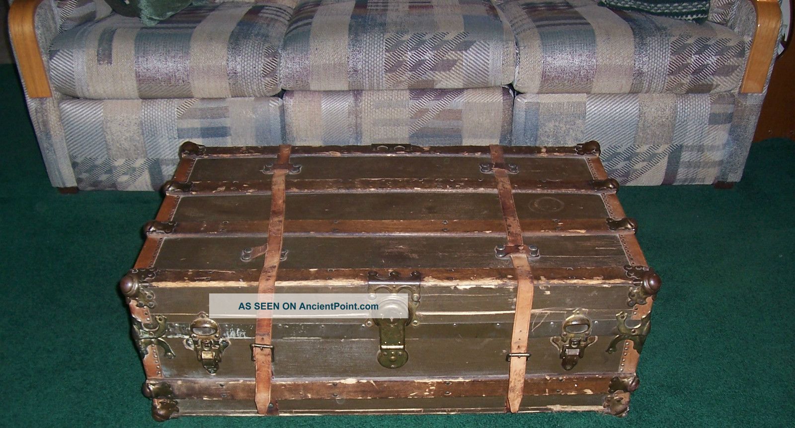 Antique Canvas Leather Flat Top Wood Slat Steamer Trunk Coffee Table Decor Unknown photo