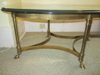 Hollywood Regency Brass Hoof Foot Coffee Cocktail Table Maitland Janson Style photo