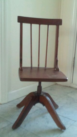 Antique Childs Wooden School Chair Cast Iron Swivel Adjustable Height photo