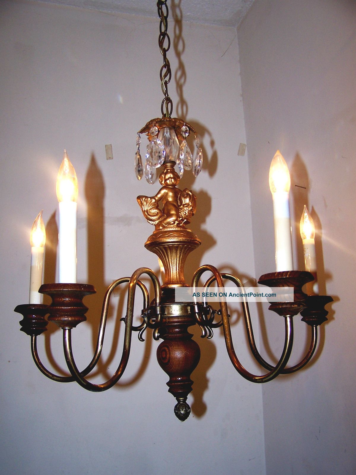 Vtg.  Unique Cherub Riding Fish Spelter Prism Acanthus Wood Chandelier Fixture Chandeliers, Fixtures, Sconces photo