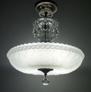 Large Vintage Victorian Art Deco Glass Chandelier Antique Ceiling Light Fixture photo